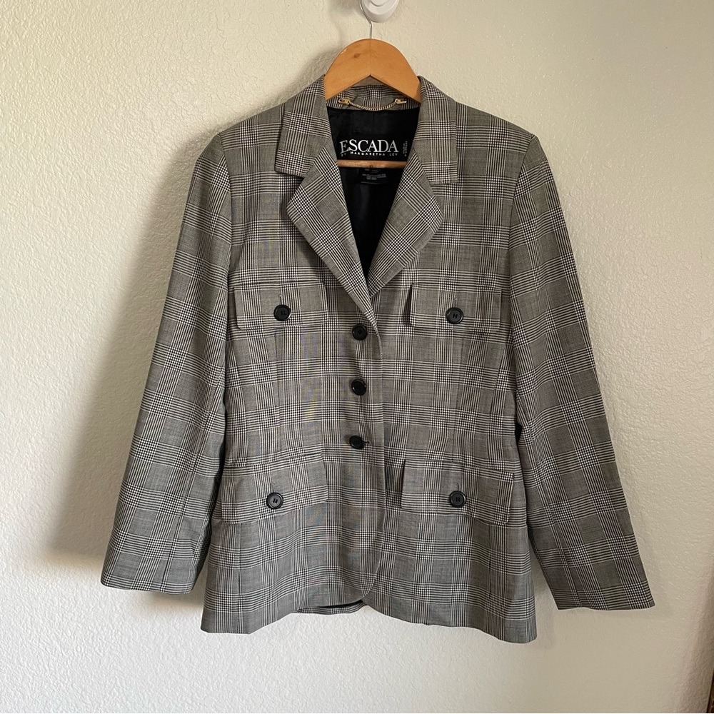 Escada 100% Wool Houndstooth Plaid Blazer Jacket Black White Size 36 Vintage